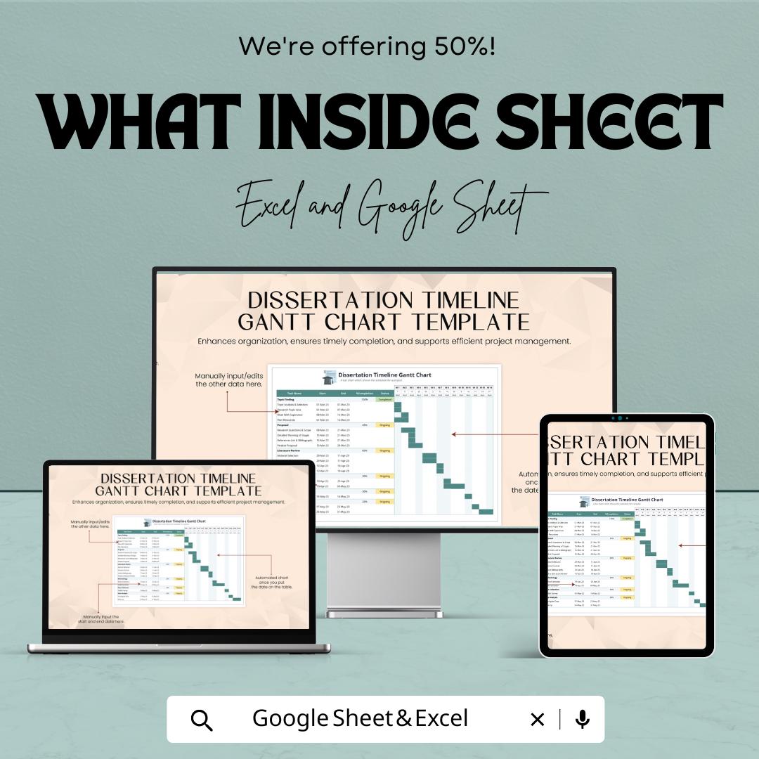 Dissertation Timeline Gantt Chart | Research & Writing Schedule Tracker | Google Sheets and Excel