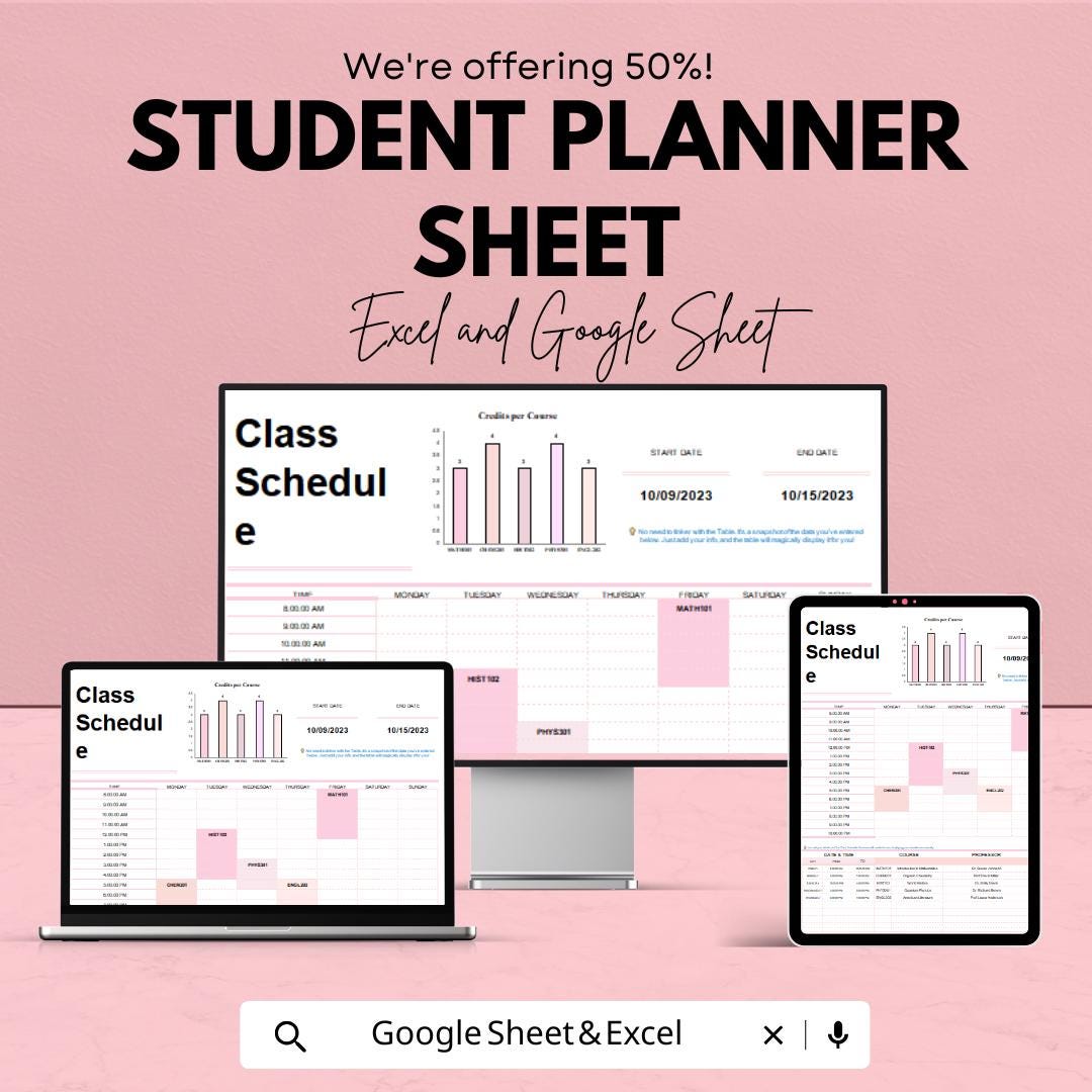 Student Planner Sheet | Class Schedule and Academic Tracker | Excel & Google Sheets | Study Organizer Template