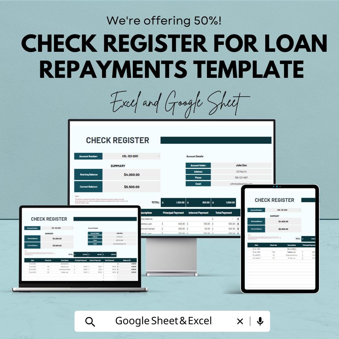 Check Register for Loan Repayments Template | Loan Payment Tracker | Debt Payoff Register | Finance Tracker | Loan Organizer