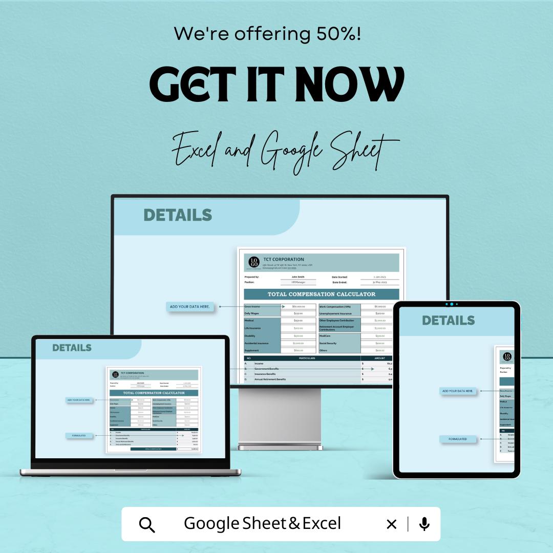 Total Compensation Calculator Sheet | Google Sheets & Excel Template | Employee Benefits Tracker | Payroll and Bonus Calculator