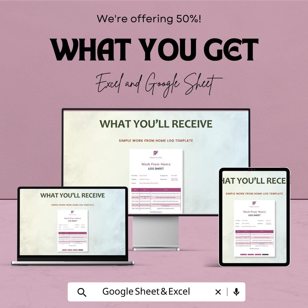 Simple Work from Home Log Sheet Template | Track Daily Work Hours and Activities | Google Sheet & Excel File | Work Log for Remote Jobs