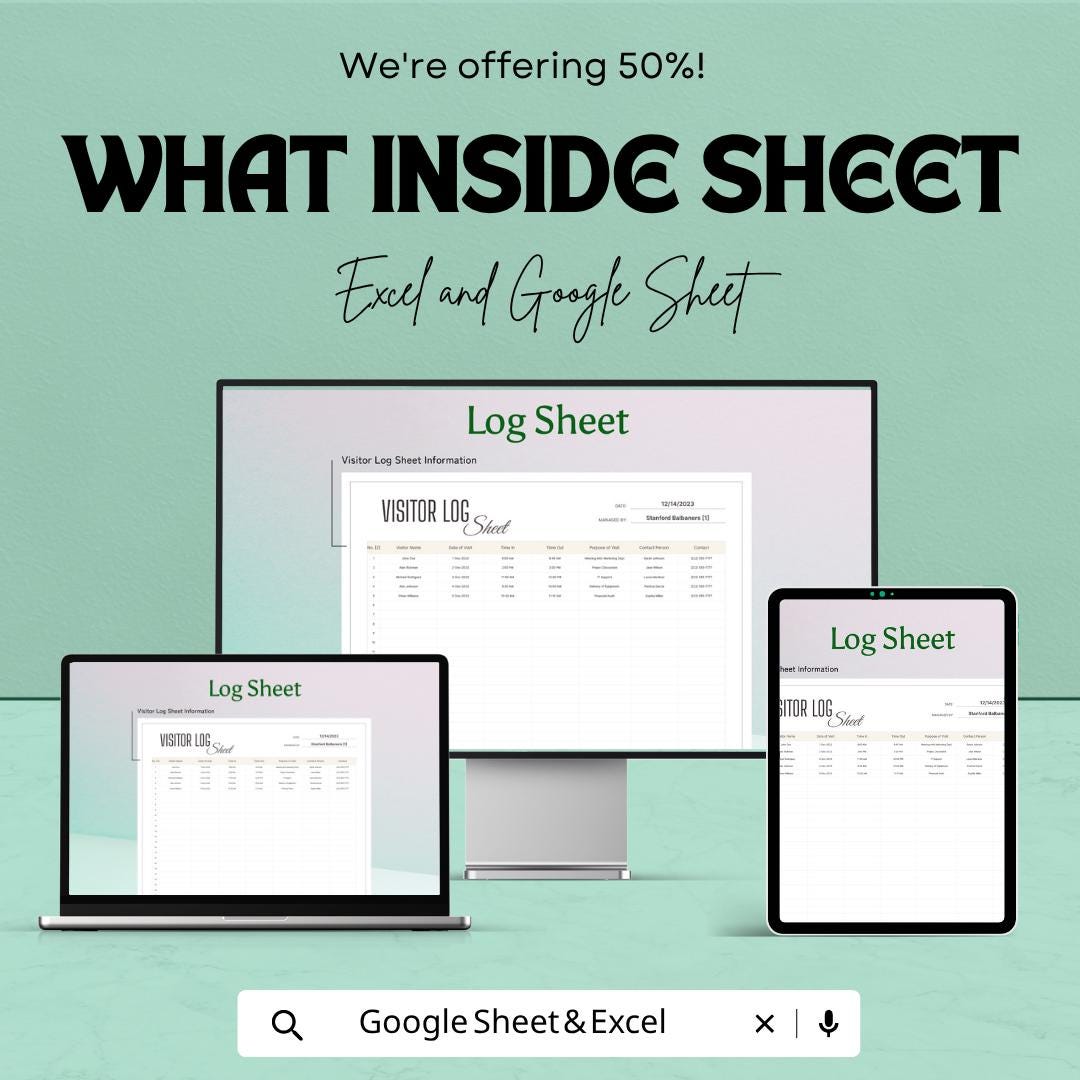 Visitor Log Sheet Template | Excel Visitor Sign In Sheet | Google Sheets Visitor Tracker | Reception Log Book | Office Visitor Register |