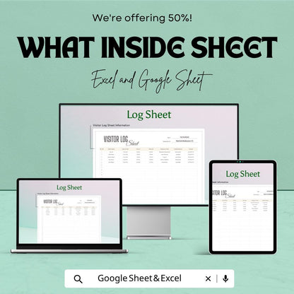 Visitor Log Sheet Template | Excel Visitor Sign In Sheet | Google Sheets Visitor Tracker | Reception Log Book | Office Visitor Register |