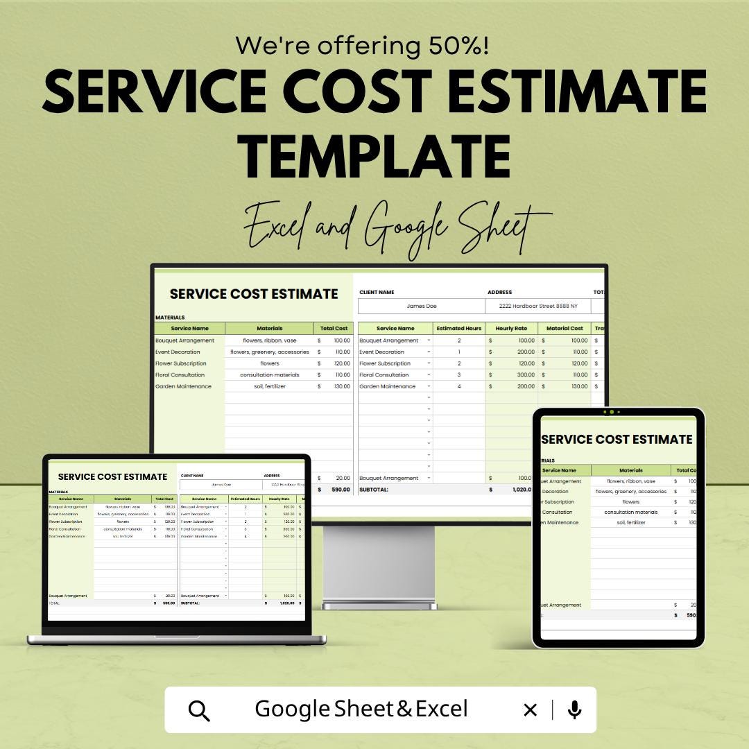 Service Cost Estimate Template | Service Pricing Spreadsheet | Excel & Google Sheets | Business Cost Calculator | Service Quote Template