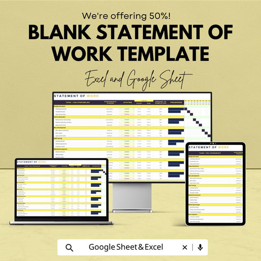 Blank Statement of Work Template | SOW Template Excel | Project Management Tracker | Gantt Chart Planner