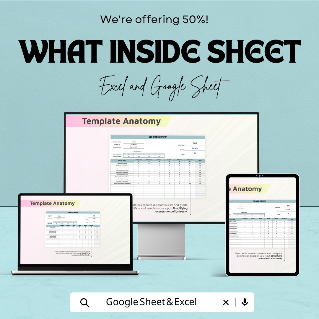 Simple Grade Sheet Template | Excel and Google Sheets Student Grade Tracker | Academic Performance Sheet | Teacher Grade Log