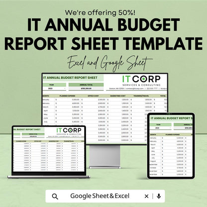 IT Annual Budget Report Template | IT Budget Spreadsheet | Yearly Expense Tracker | Excel & Google Sheets | Business Financial Planner