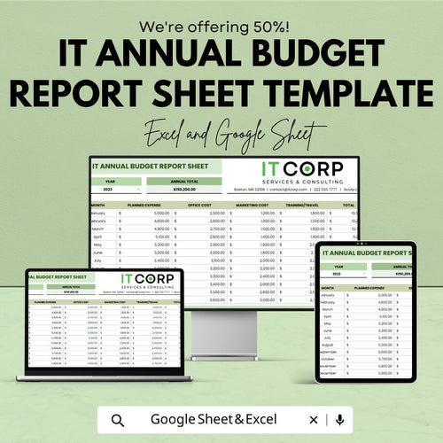 IT Annual Budget Report Template | IT Budget Spreadsheet | Yearly Expense Tracker | Excel & Google Sheets | Business Financial Planner