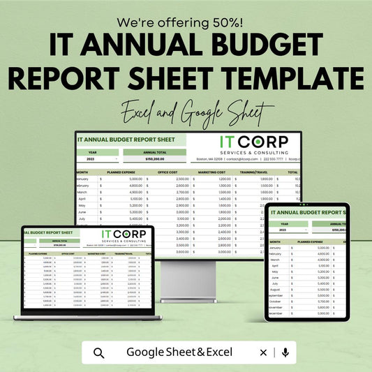 IT Annual Budget Report Template | IT Budget Spreadsheet | Yearly Expense Tracker | Excel & Google Sheets | Business Financial Planner