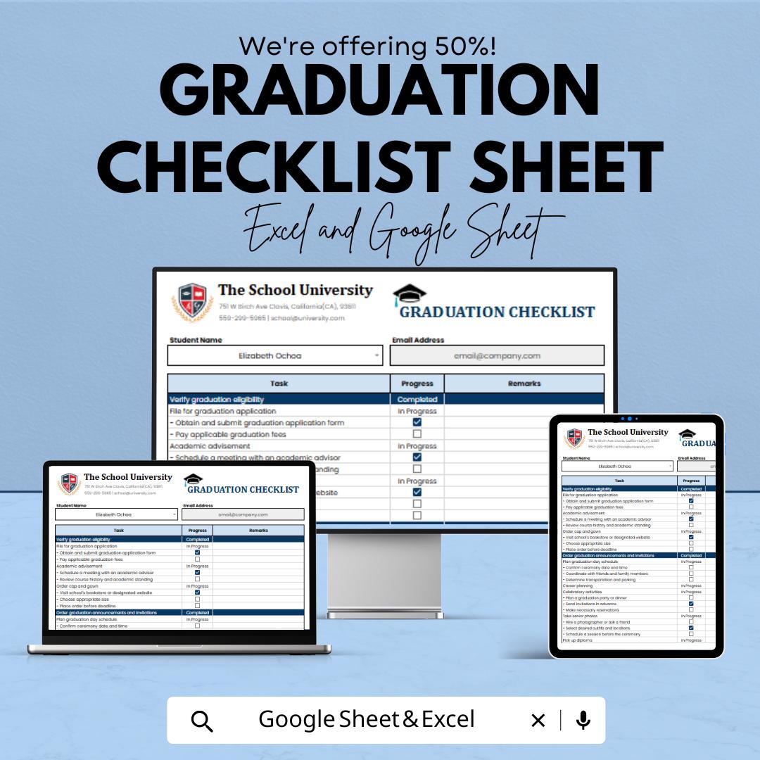 Graduation Checklist Template - Excel & Google Sheets, Plan Your Graduation, Track Tasks, Milestones, Progress, Instant Download