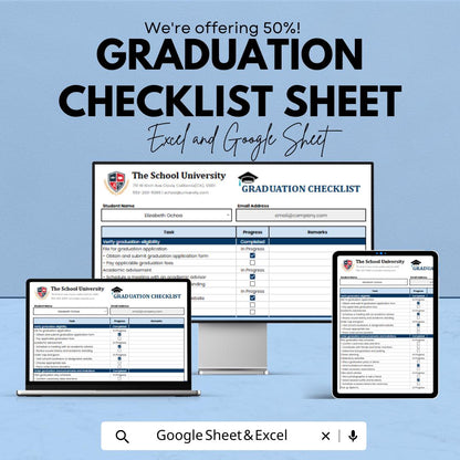 Graduation Checklist Template - Excel & Google Sheets, Plan Your Graduation, Track Tasks, Milestones, Progress, Instant Download