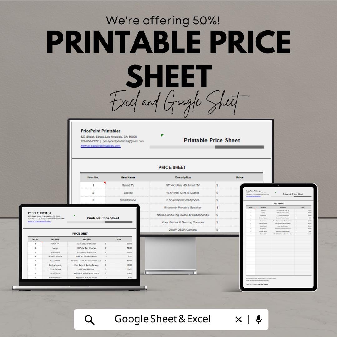 Printable Price Sheet Template - Excel & Google Sheets Format for Easy Price List Management
