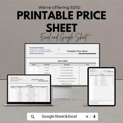 Printable Price Sheet Template - Excel & Google Sheets Format for Easy Price List Management