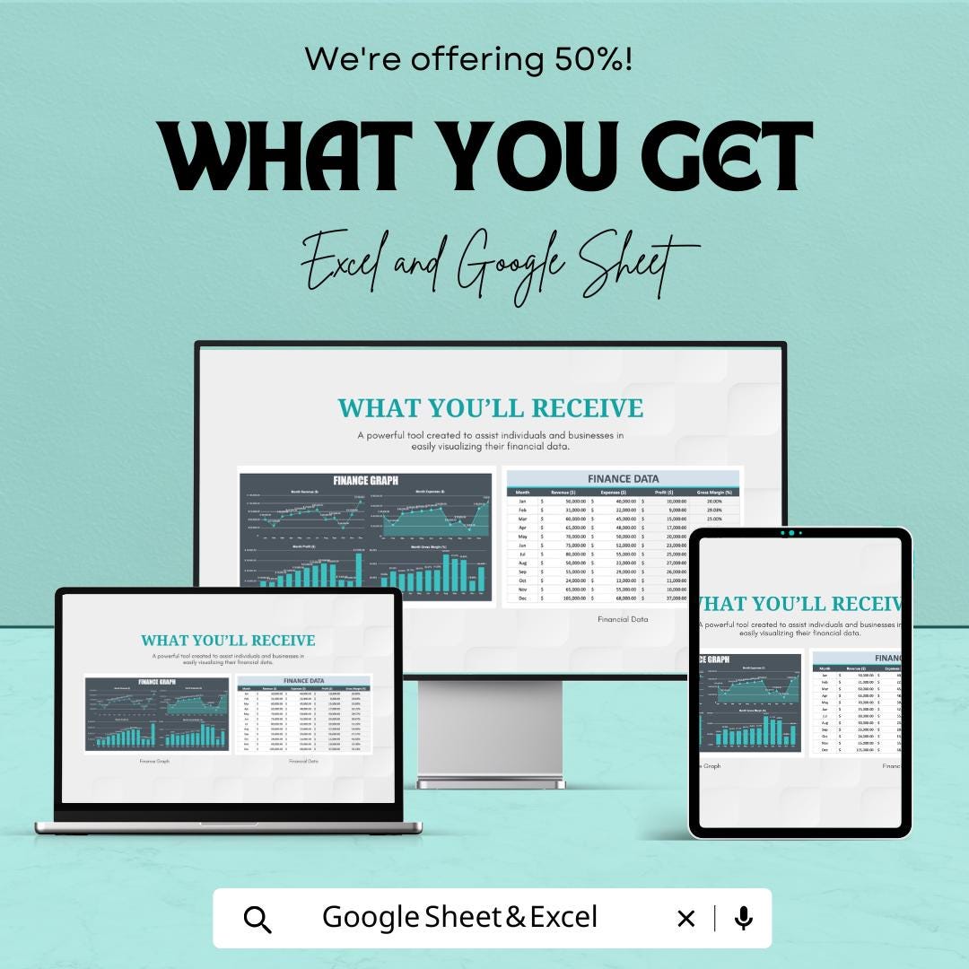 Finance Graph Template | Financial Dashboard Spreadsheet | Business Finance Chart Template | Revenue Expense Profit Tracker