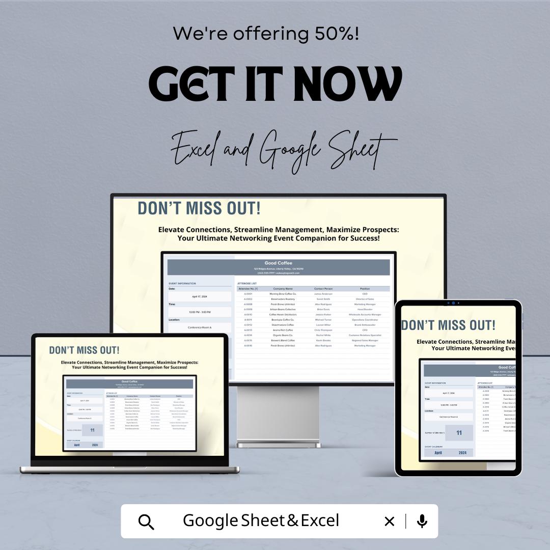 Sales Networking Event Attendee List Template | Event Guest Tracker | Conference Contact Sheet | Excel & Google Sheet Template