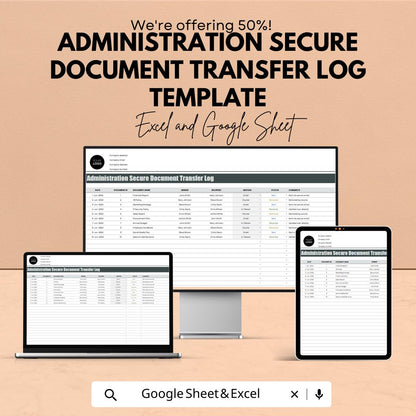 Secure Document Transfer Log, Admin Document Tracker, Document Control Log, Office File Transfer Sheet, Excel & Google Sheets