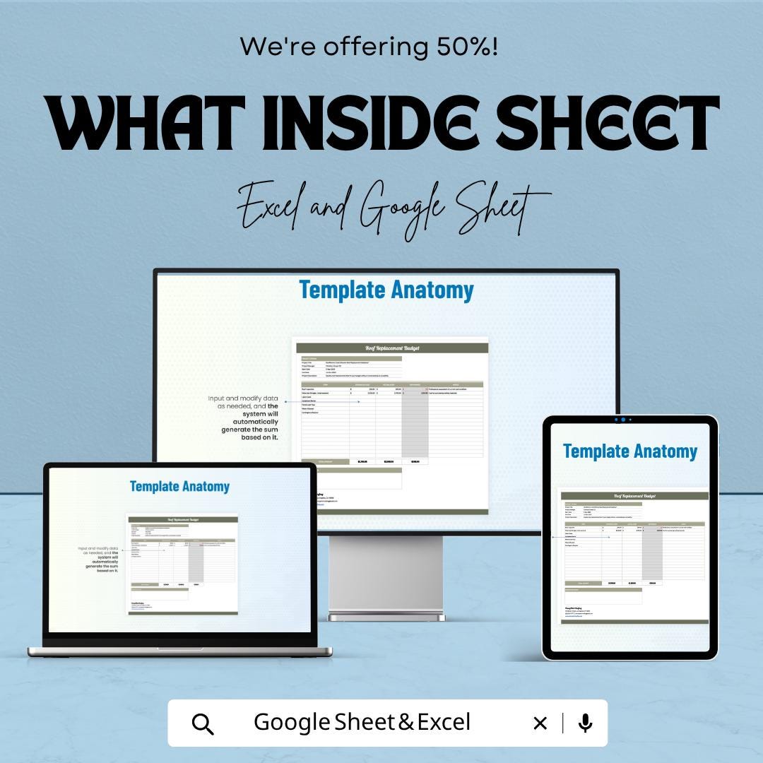 Roof Replacement Budget Template | Roofing Cost Estimator Spreadsheet | Roof Project Budget Planner | Excel & Google Sheets |