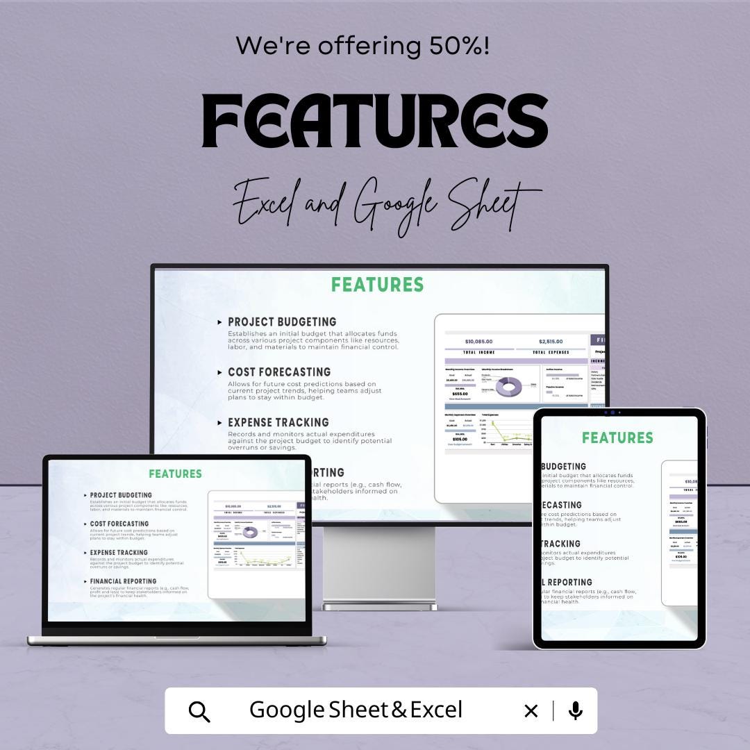 Finance Project Template | Project Budget Planner | Cost Forecasting Spreadsheet | Expense Tracking Sheet