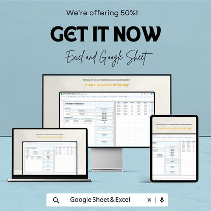 Attorney Timesheet Template | Legal Billing Tracker | Lawyer Time Tracking Spreadsheet | Excel & Google Sheets | Billable Hours Log