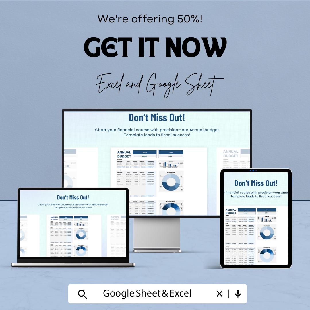 Annual Budget Template | Yearly Budget Planner Spreadsheet | Personal and Business Budget | Excel & Google Sheets