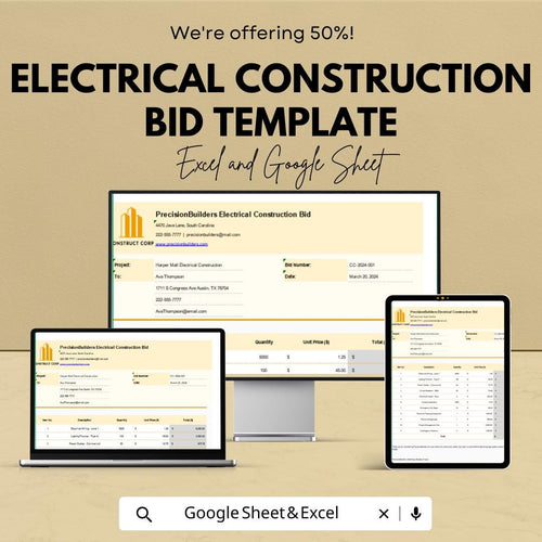 Electrical Construction Bid Template | Electrical Contractor Bid Sheet | Construction Cost Estimate | Job Proposal Form
