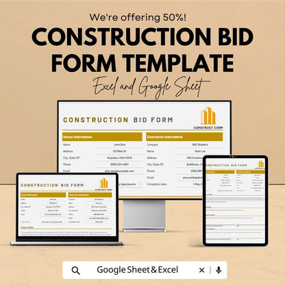 Construction Bid Form Template | Contractor Bid Sheet | Project Bid Proposal Template | Cost Breakdown Spreadsheet | Excel Google Sheets
