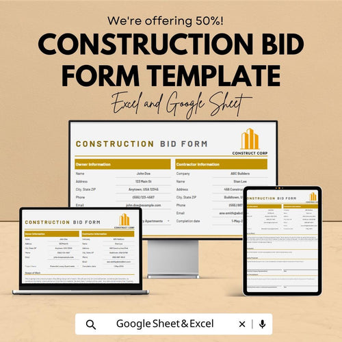 Construction Bid Form Template | Contractor Bid Sheet | Project Bid Proposal Template | Cost Breakdown Spreadsheet | Excel Google Sheets