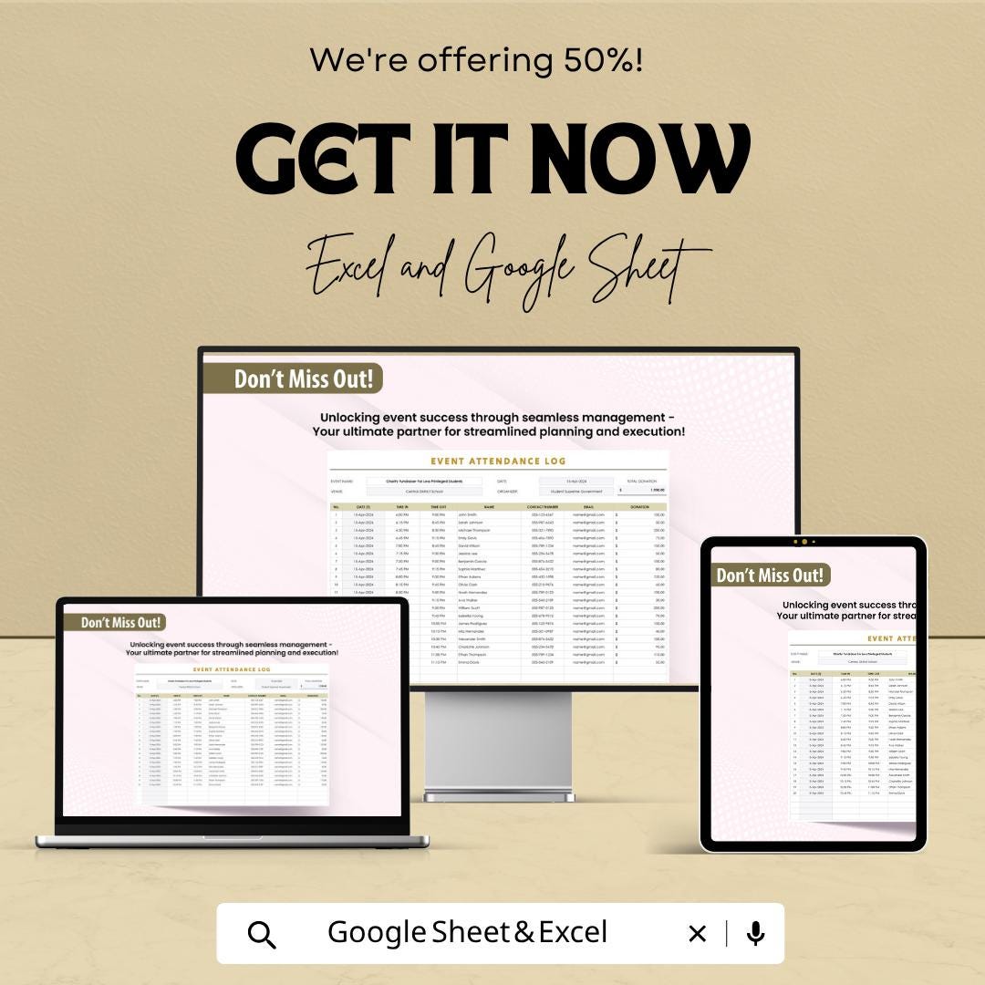 Event Attendance Log Template | Attendance Tracker Spreadsheet | Event Registration Sheet | Excel & Google Sheets | Guest List Organizer