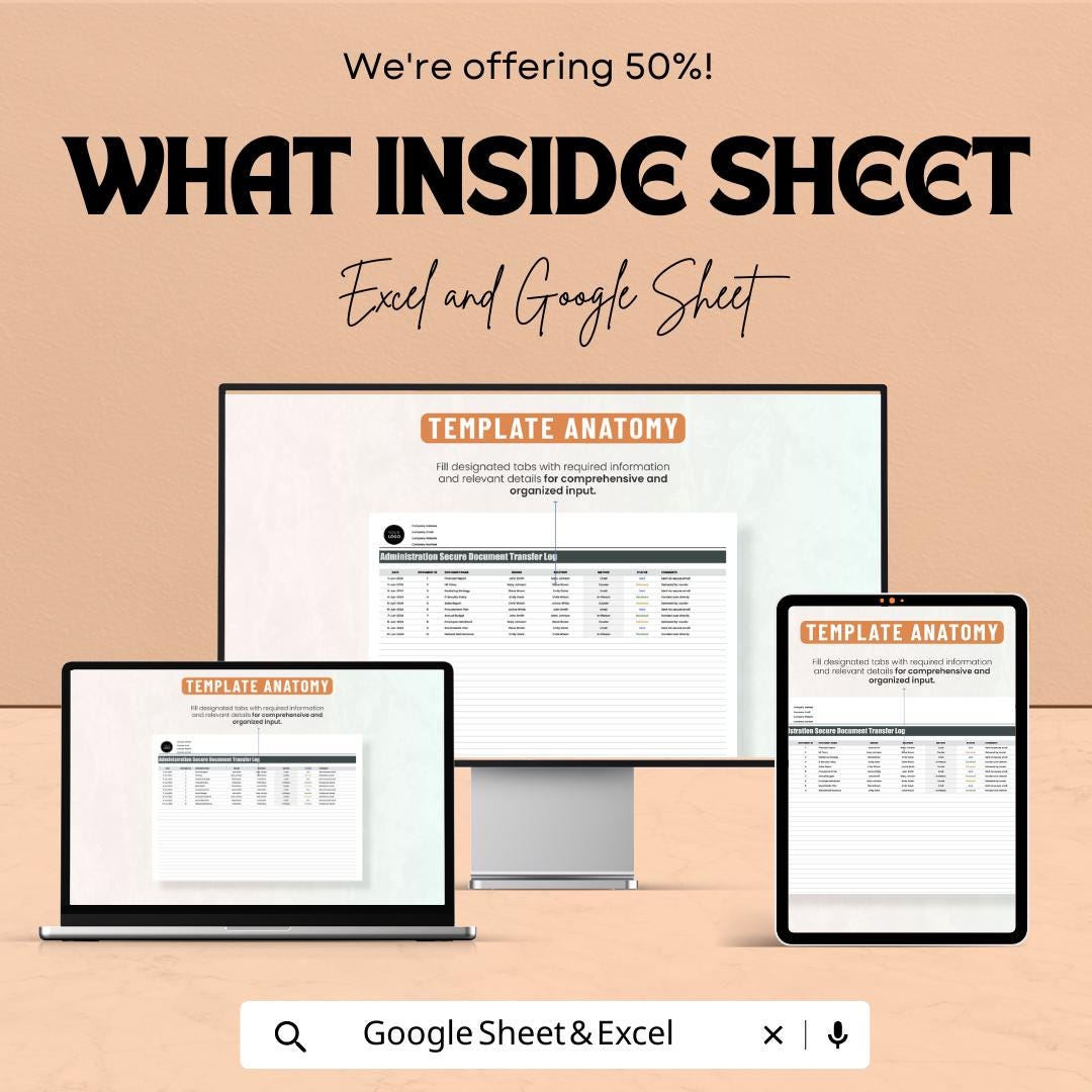 Secure Document Transfer Log, Admin Document Tracker, Document Control Log, Office File Transfer Sheet, Excel & Google Sheets