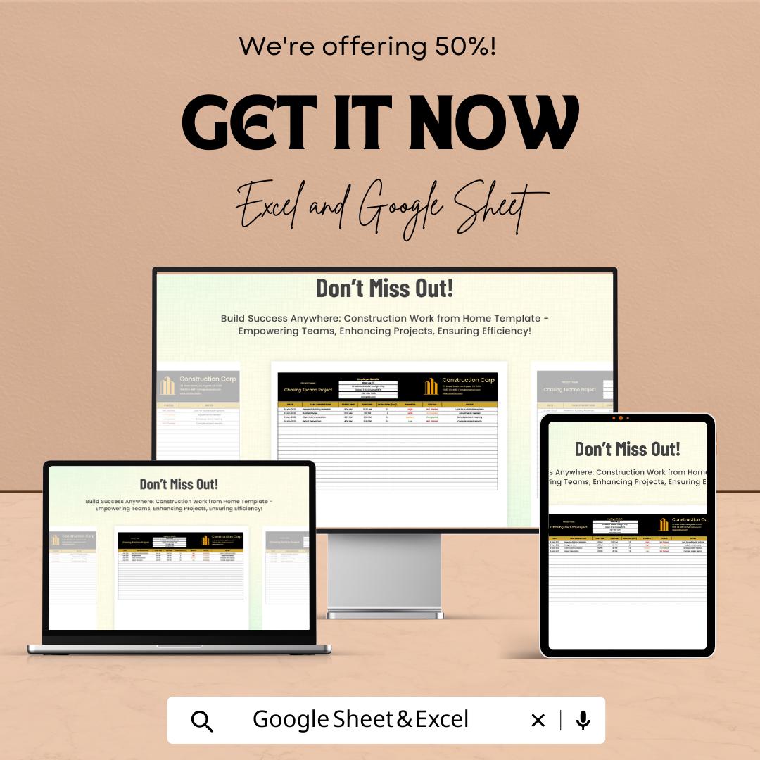 Construction Work From Home Template | Remote Construction Project Tracker | Contractor Task Log | Project Management Spreadsheet