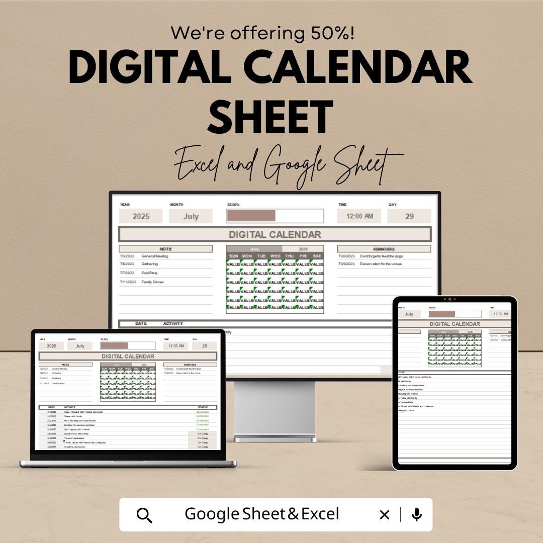 Digital Calendar Sheet | Excel and Google Sheets Template for Task Management, Scheduling & Tracking