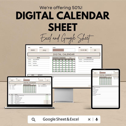 Digital Calendar Sheet | Excel and Google Sheets Template for Task Management, Scheduling & Tracking