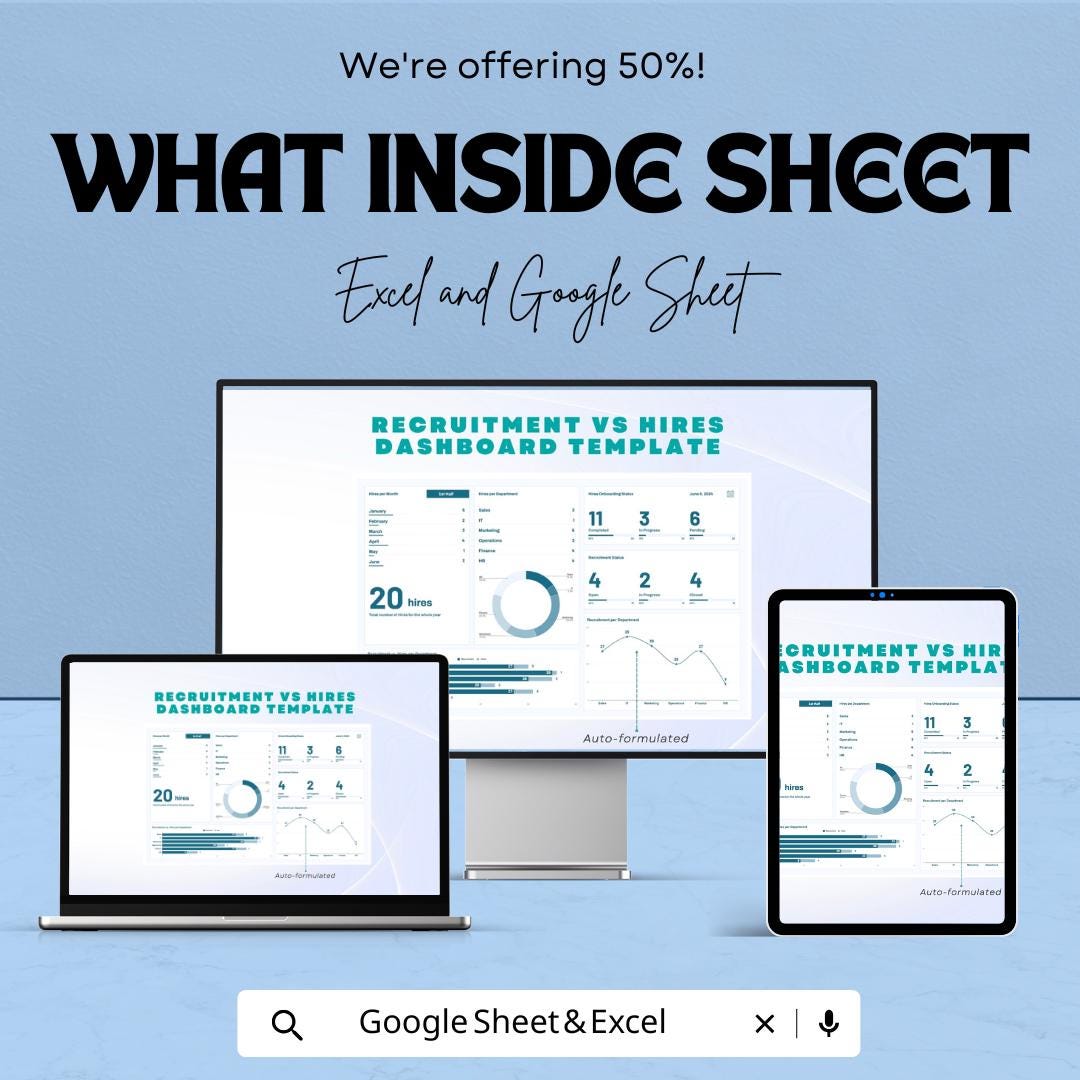 Recruitment vs Hires Dashboard Sheet | Excel & Google Sheets Template | Track Recruitment Performance | Visualize Hiring Metrics