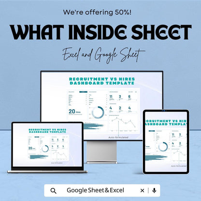 Recruitment vs Hires Dashboard Sheet | Excel & Google Sheets Template | Track Recruitment Performance | Visualize Hiring Metrics