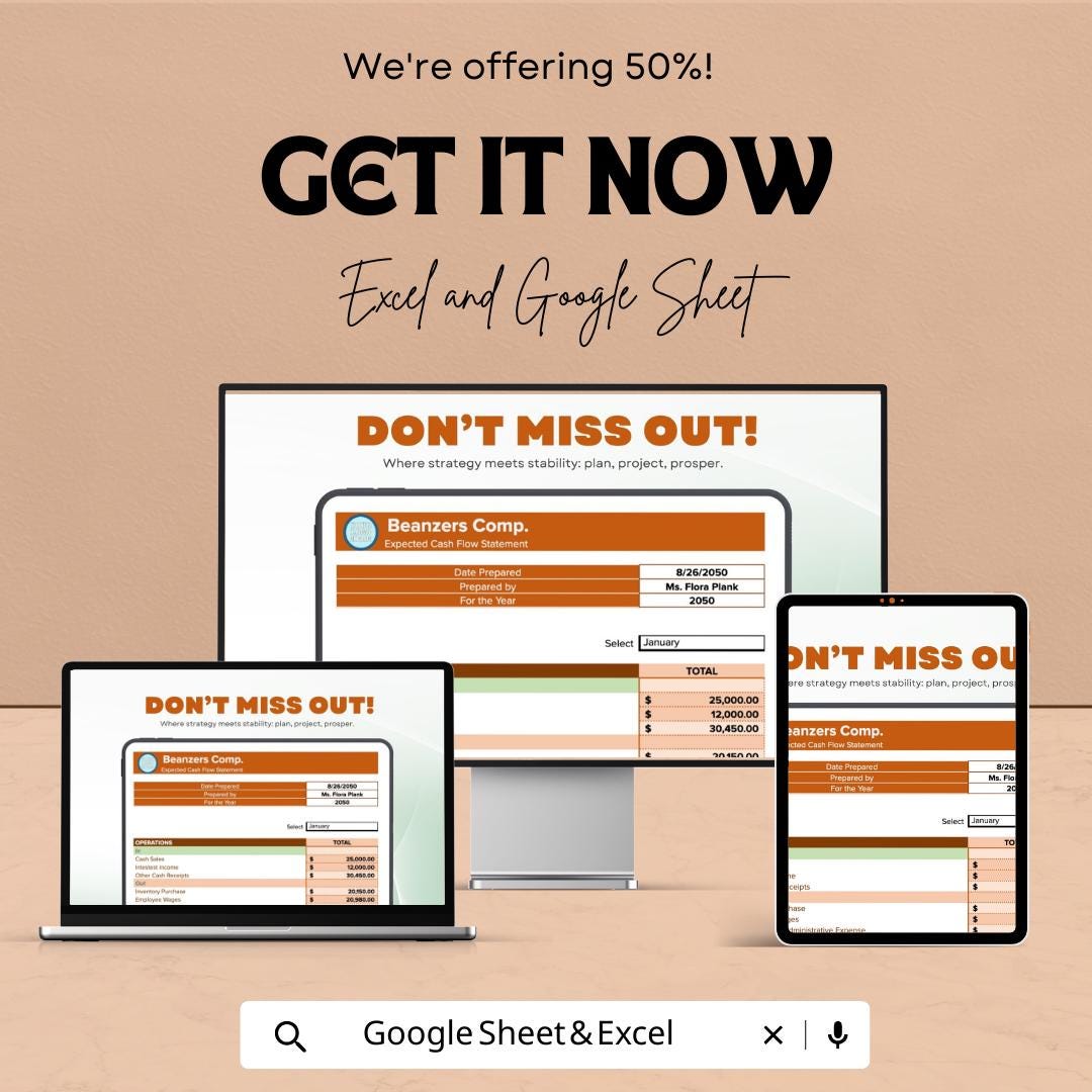 Expected Cash Flow Spreadsheet , 12 Month Cash Flow Forecast Template, Financial Projection Planner, Business Cash Flow Tool