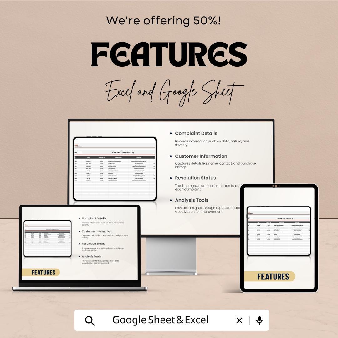 50% Off | Customer Complaints Log Sheet Template for Excel & Google Sheets | Track Complaints and Enhance Customer Satisfaction