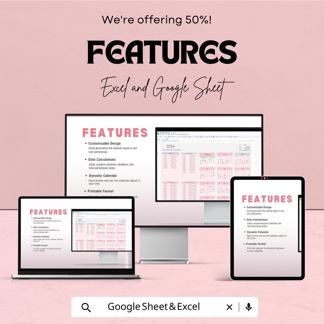 2024 Calendar Calculator Sheet | Excel and Google Sheets | Customizable Date Calculator | Holiday & Event Planner Template