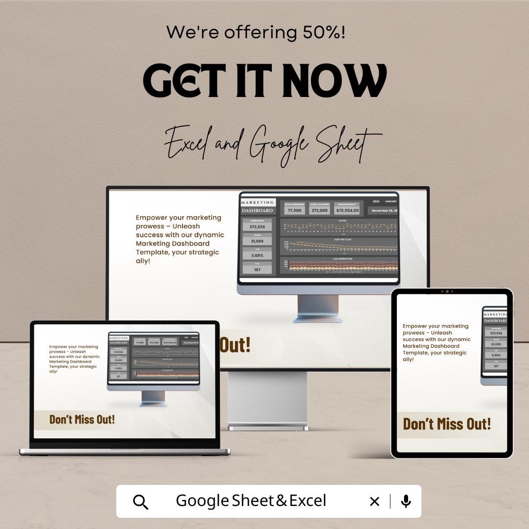 Marketing Dashboard Sheet | KPI Tracker | Marketing Performance Tracker | Excel & Google Sheet Template | Business Analytics Dashboard