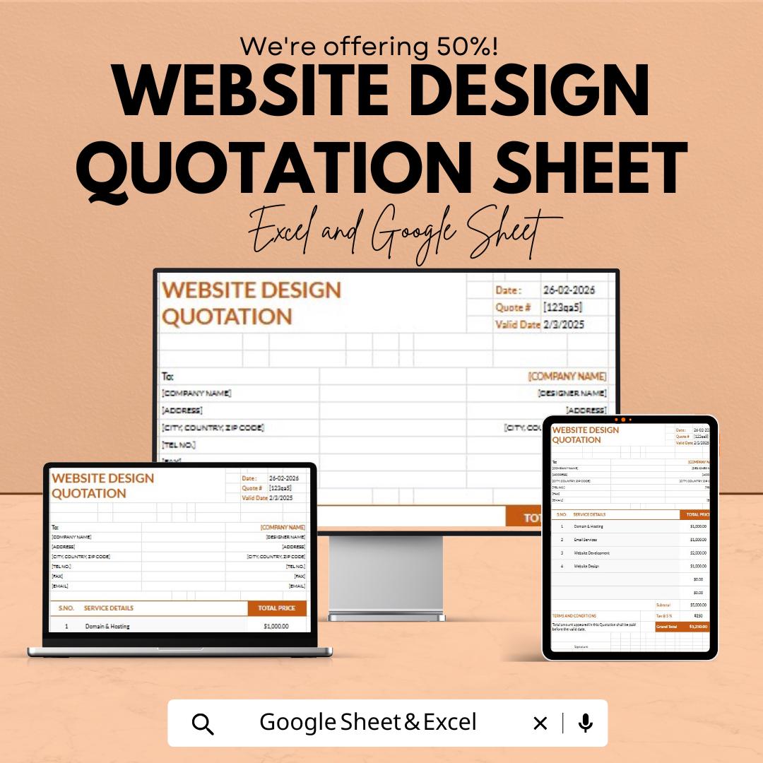 Website Design Quotation Sheet – Customizable Excel and Google Sheets Template for Pricing & Invoicing – 50% OFF
