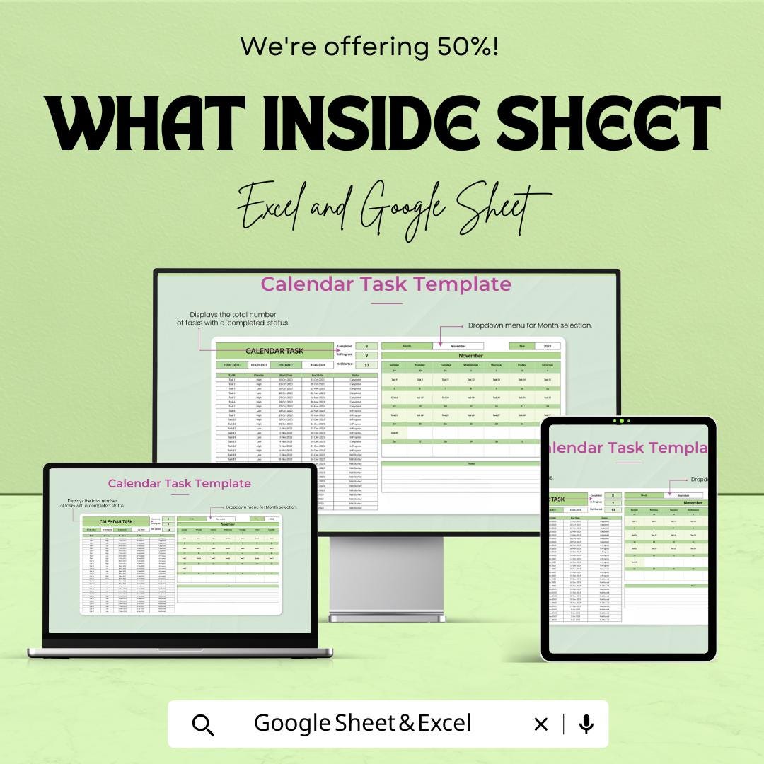 Calendar Task Sheet Template | Google Sheet and Excel | Easy Task Management | Project Planning & Scheduling | Instant Download