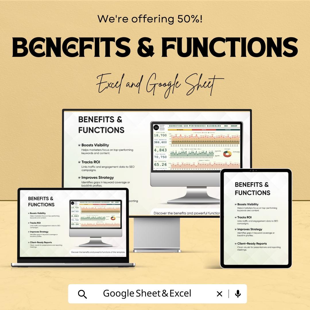 Marketing SEO Performance Dashboard | SEO Dashboard Excel & Google Sheet | SEO Tracking Template | Marketing Metrics Tracker |
