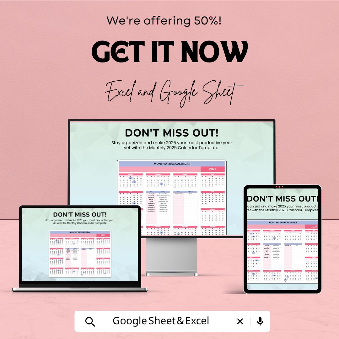 2025 Monthly Calendar Template for Excel & Google Sheets | Instant Download | Yearly Planner | Printable 2025 Calendar | 50% Off