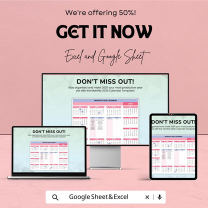 2025 Monthly Calendar Template for Excel & Google Sheets | Instant Download | Yearly Planner | Printable 2025 Calendar | 50% Off
