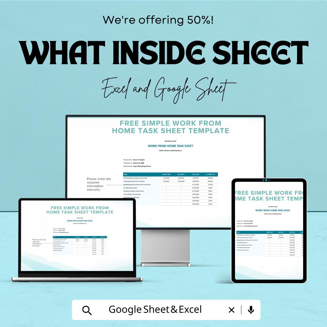 Simple Work From Home Task Sheet Template for Excel & Google Sheets | Task Management | Instant Download | 50% Off