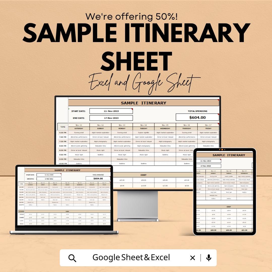 Sample Itinerary Sheet - Editable Excel & Google Sheets Template for Easy Trip Planning