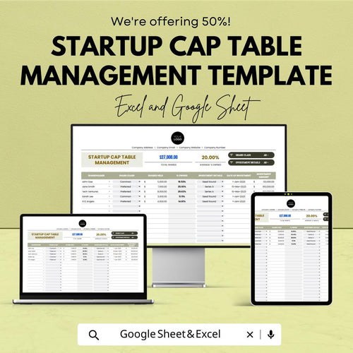 Startup Cap Table Management Template | Excel & Google Sheets | Capitalization Table | Equity Tracker | Investor Ownership Spreadsheet