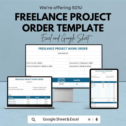 Freelance Project Order Template Excel | Work Order Template | Client Project Tracker | Invoice & Scope Agreement | Google Sheets Editable