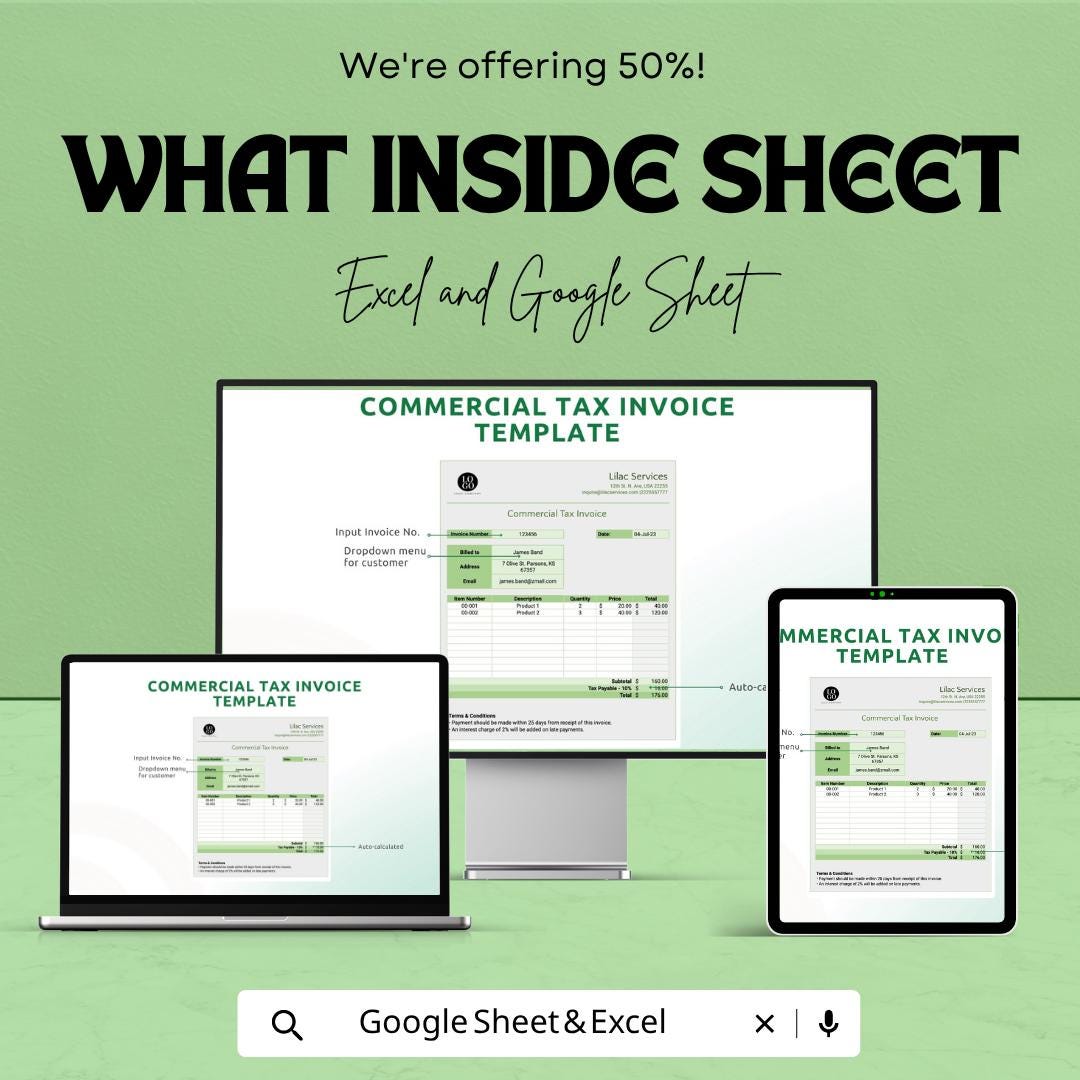 Commercial Tax Invoice Template | Business Invoice Spreadsheet | Tax Invoice Template | Excel & Google Sheets | Professional Invoice Tracker