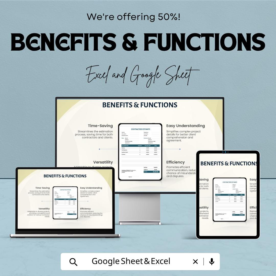 Simple Contractor Estimate Template | Construction Estimate Spreadsheet | Job Quote Invoice | Excel & Google Sheets