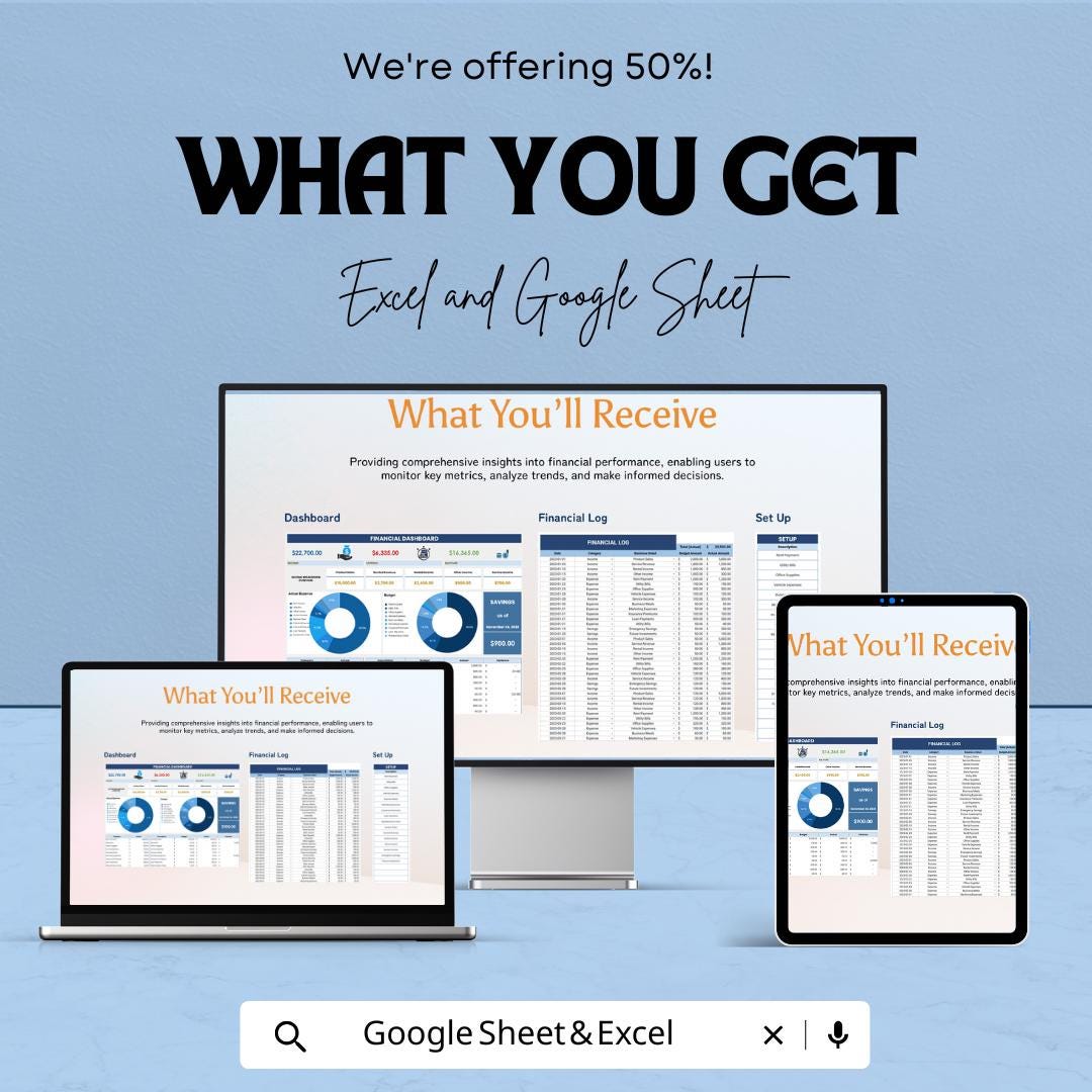 Financial Dashboard Template | Business Finance Tracker | Income Expense Spreadsheet | Financial Planner